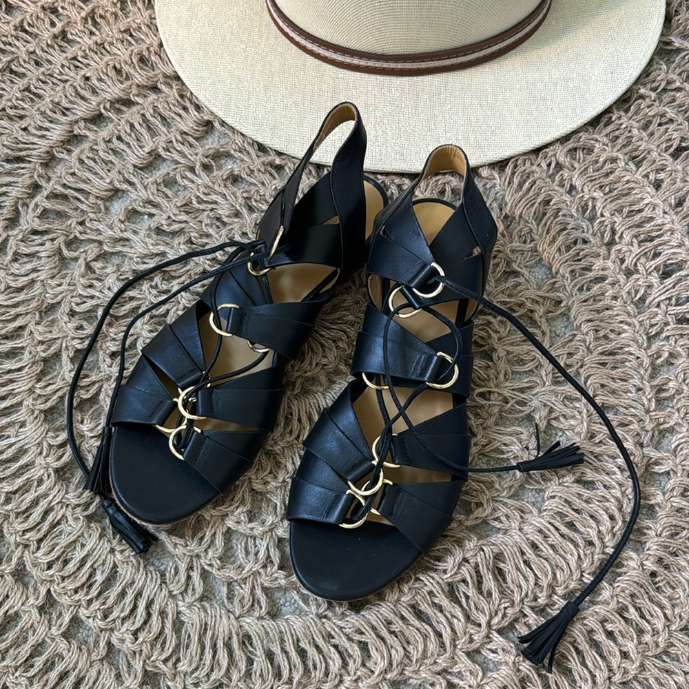Sezane Black Leather Lace-Up Gladiator Sandals with Gold Rings